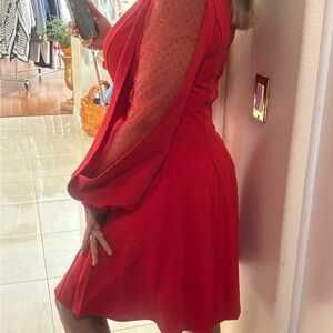 Elegant Red Dress with Sheer Sleeves